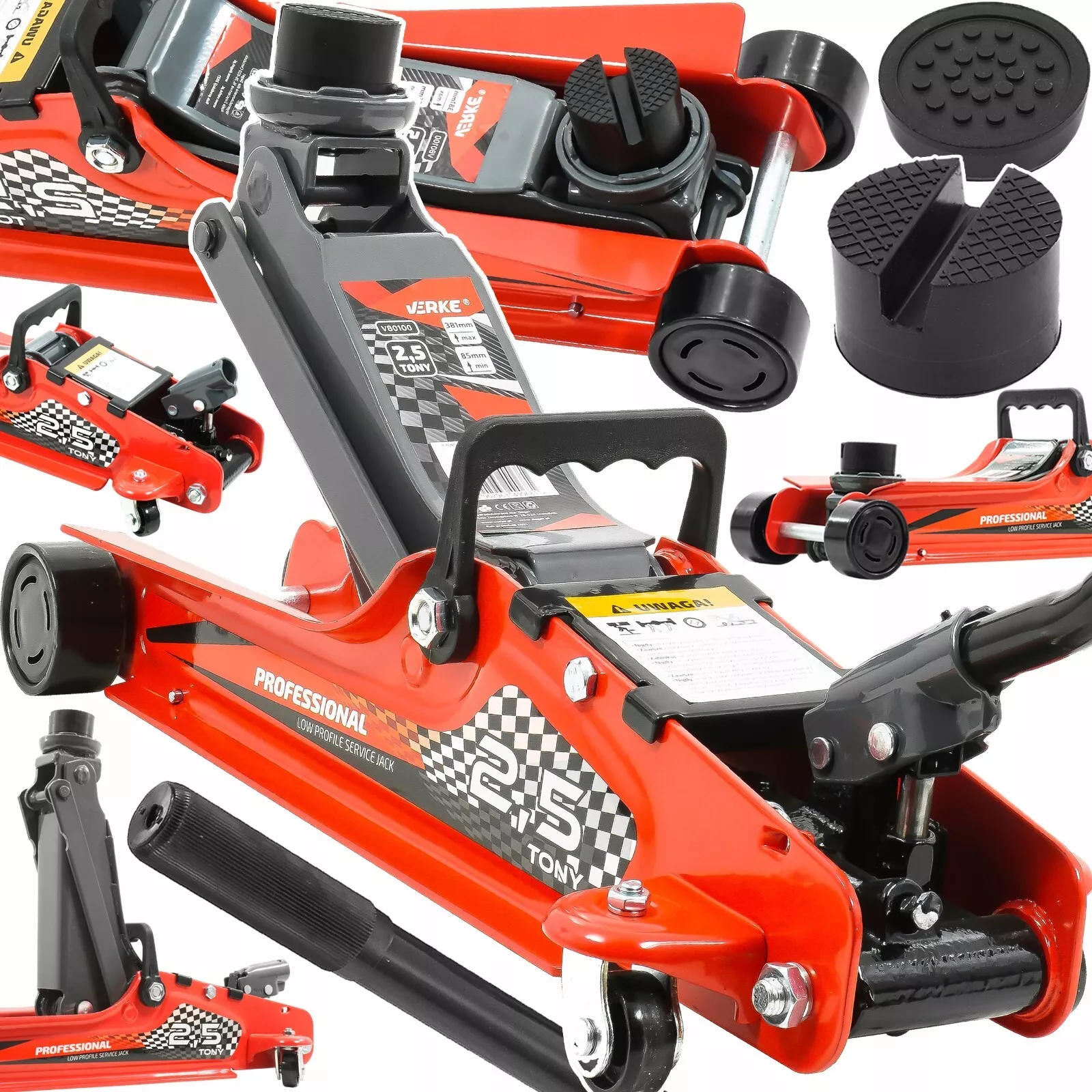 Cric Idraulico Basso Profilo 2,5T con Tamponi in Gomma Altezza 85-381mm